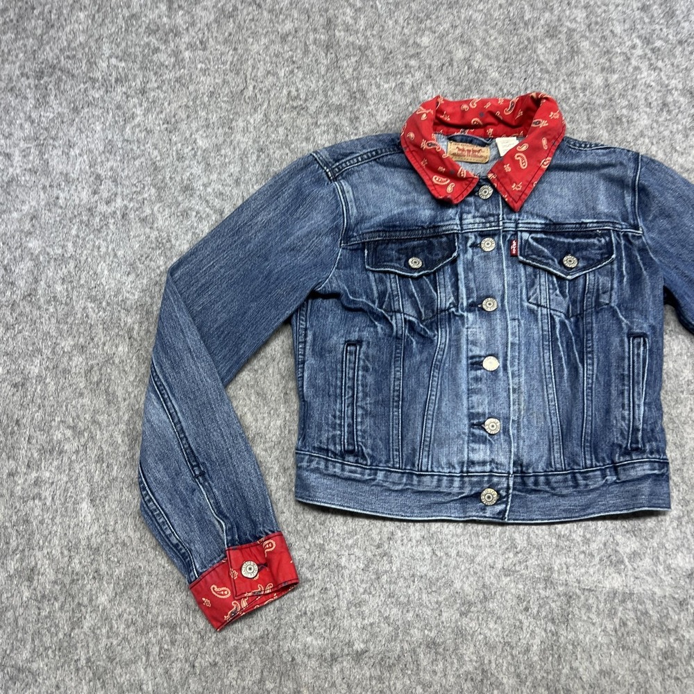 Levis Jacket Womens S Blue Denim Trucker Western Bandana Paisley Collar Cuffs - Picture 4 of 16